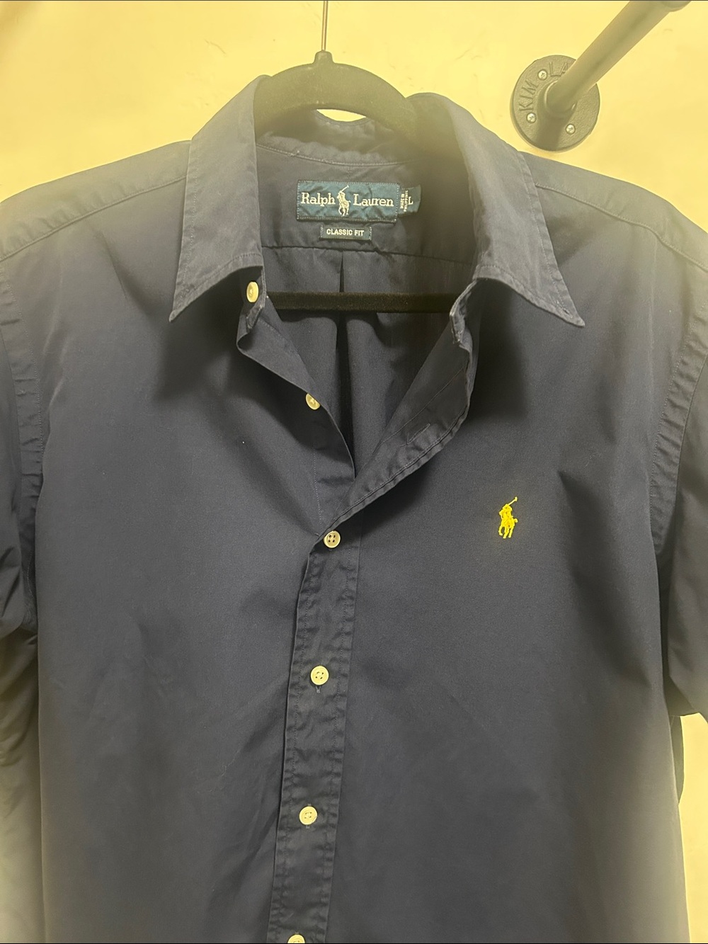 Ralph Lauren Navy Button-Down Short Sleeve shirt with Yellow Pony Logo